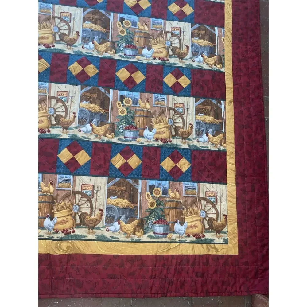 Handmade Chicken Farm Quilt Red Gold Teal Country Blanket Throw 60”x 58”